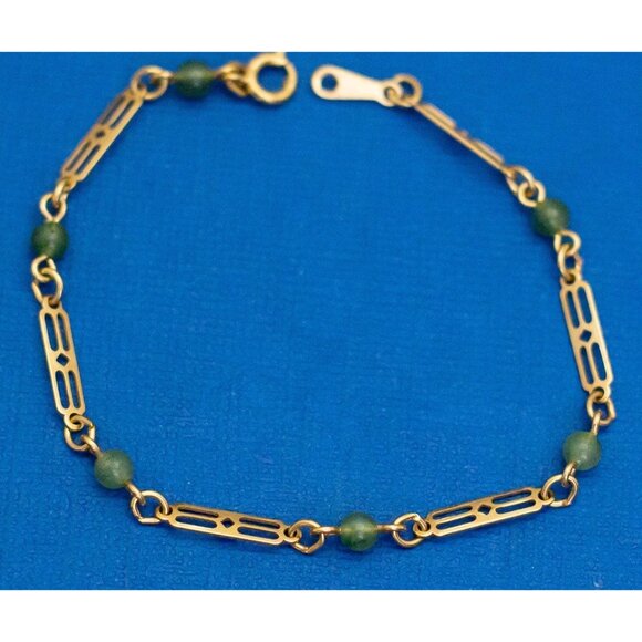 7 inch, Vintage Gold Tone Green Beads Chain Link Bracelet by Avon - D11 - Picture 2 of 3